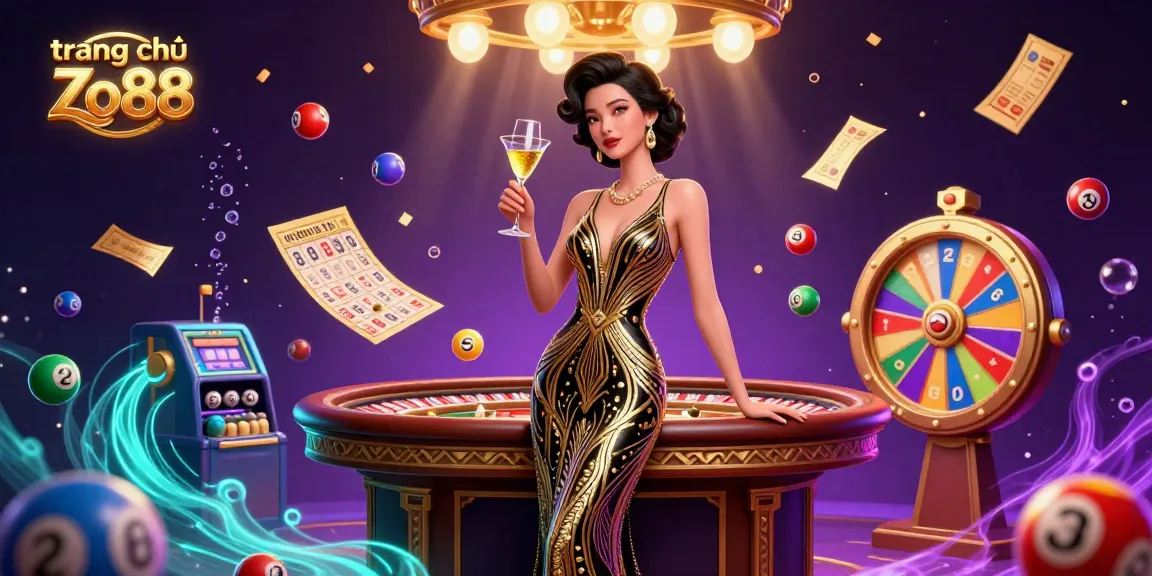 Win big at trang chủ Zo88 with an elegant casino scene featuring colorful lottery elements and glamour.