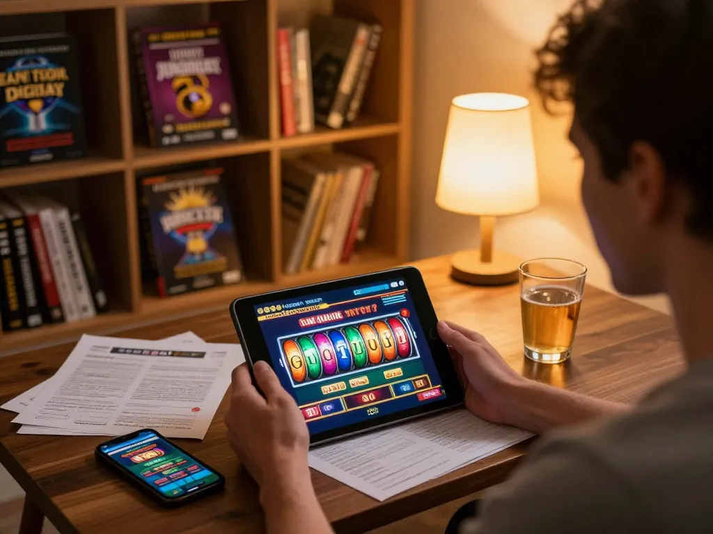 Spinadvisor user engaged in responsible online gambling strategy with tablet and notes at home