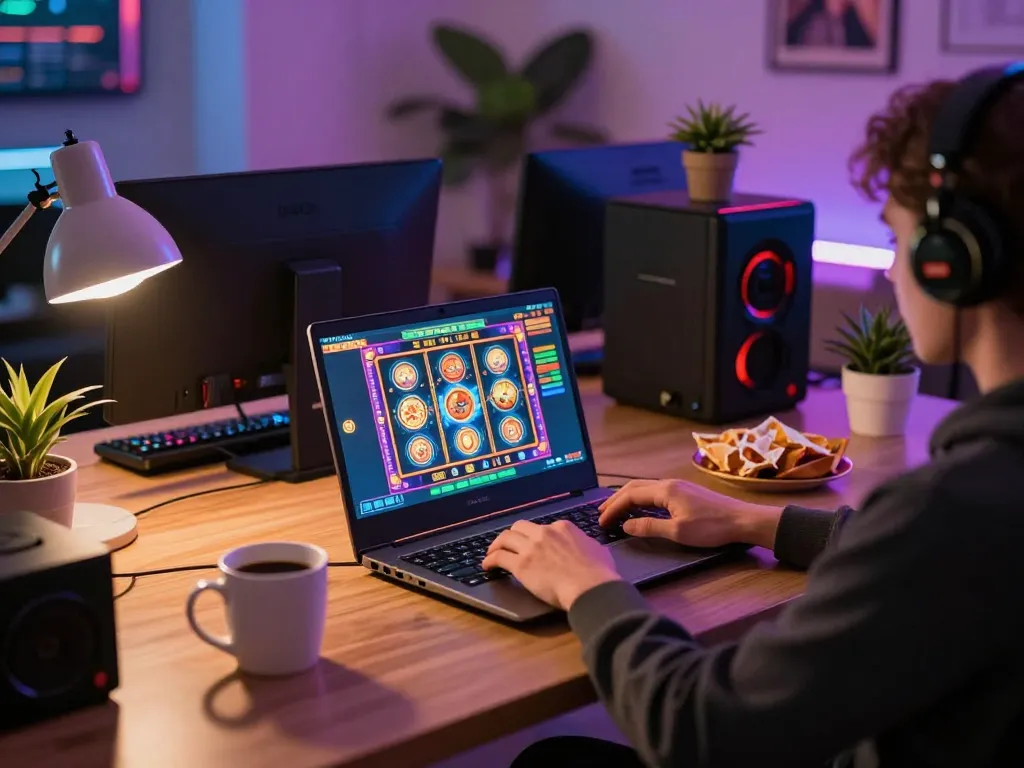 Engage with gameradar through dynamic online casino gaming setup, featuring a user immersed in slot games.