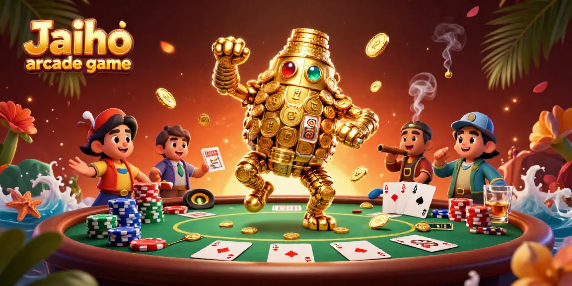 Engage with Jaiho arcade game showcasing a golden golem amidst vibrant poker elements.