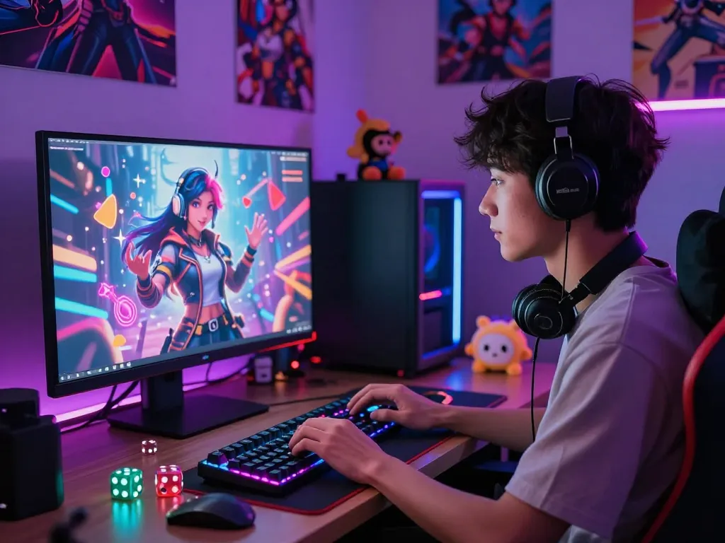 Engaging NSFW AI chat experience showcasing user interaction with vibrant characters in a modern tech setup.