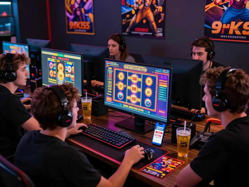Friends celebrating with free credit 918kiss while gaming online, vibrant gaming setup with exciting visuals.