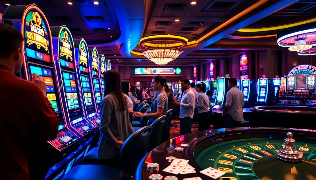 Players enjoying thrilling slot machines in a luxurious casino atmosphere filled with excitement.