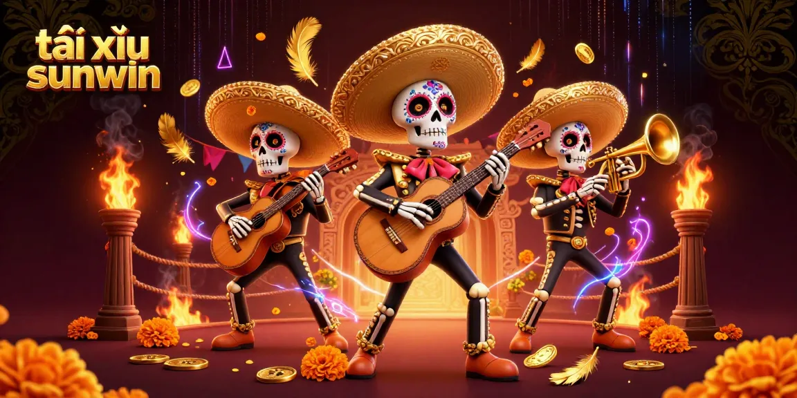 Play tài xỉu sunwin in a colorful, vibrant scene with skeleton mariachi, coins, and gaming elements.