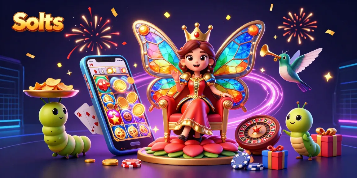 Spin and win with colorful Slots as the butterfly queen brings luck in this lively casino scene.
