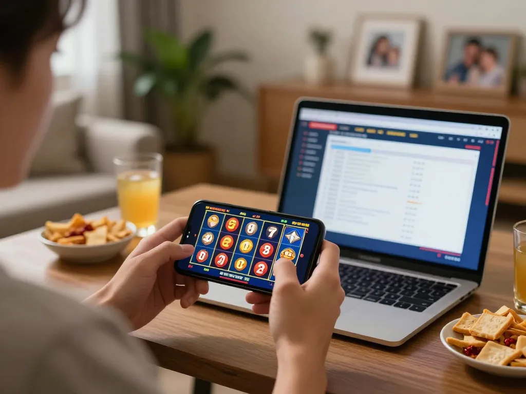 Engaging in slot online gaming with a smartphone in a cozy home setting