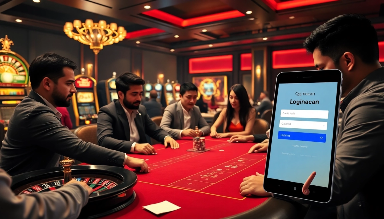 A thrilling casino scene showcasing diverse players at a poker table with advanced gaming technology illustrating qqmacan login features.