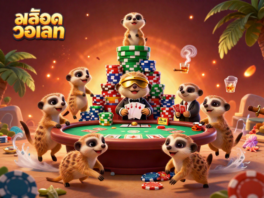 Experience thrilling moments at สล็อตวอเลท with cartoon meerkats running a vibrant casino.