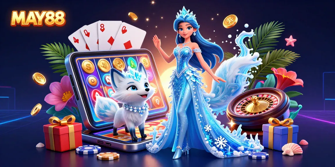 MAY88 showcases a vibrant casino scene with a stunning character and casino elements, ideal for gamblers.