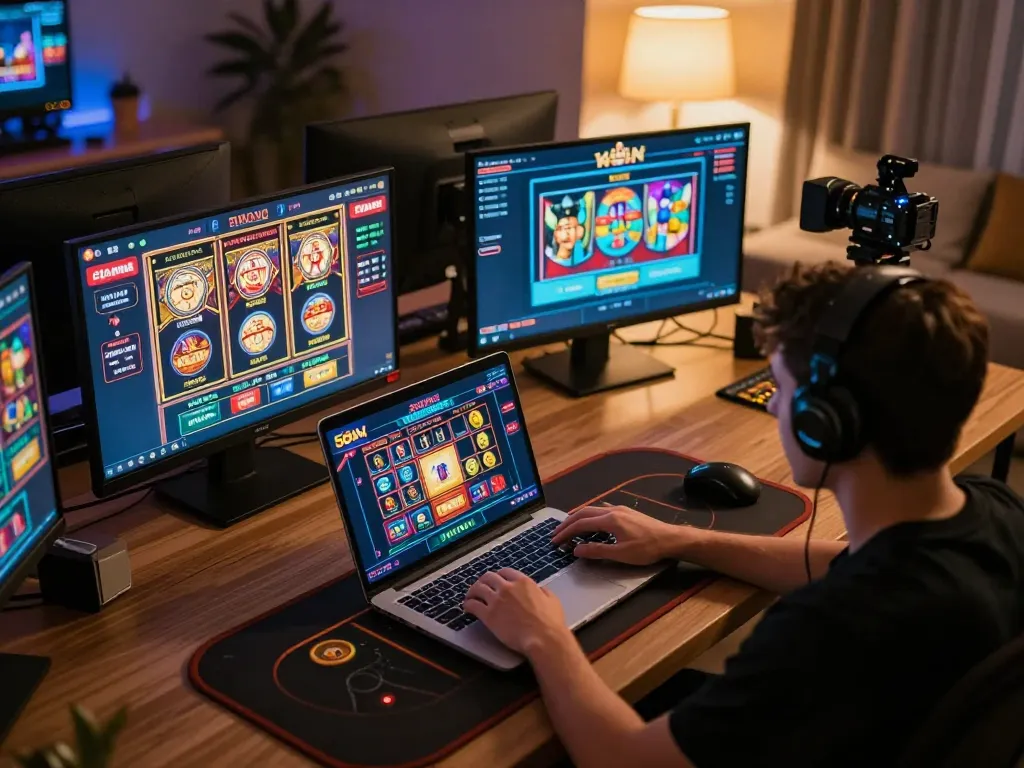 Engaging online gaming scene featuring 56win casino games on multiple screens in a cozy setup.