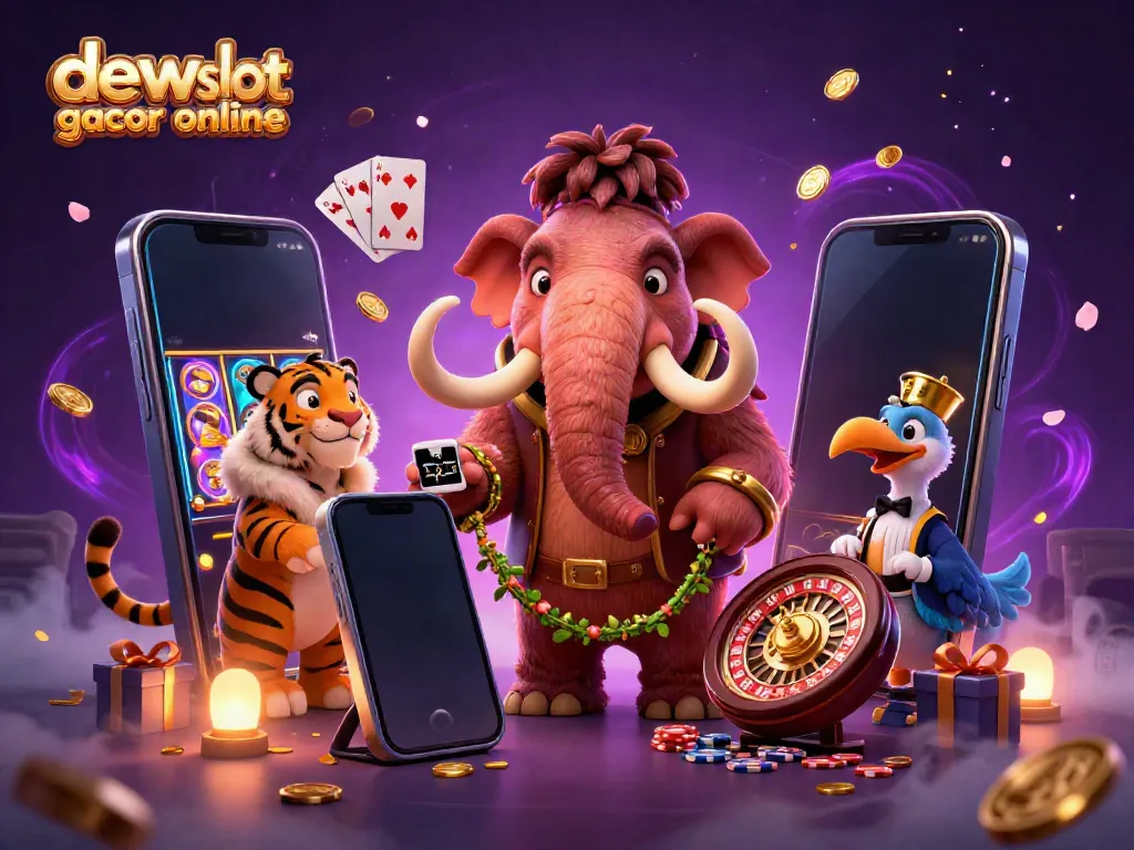 Masuk ke dunia dewa slot gacor online dengan ilustrasi 3D penuh warna menampilkan karakter kasino unik.