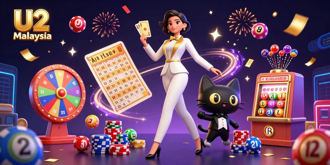 Glamorous scene showcasing U2 Malaysia casino activities with a woman and a cat celebrating gambling wins.