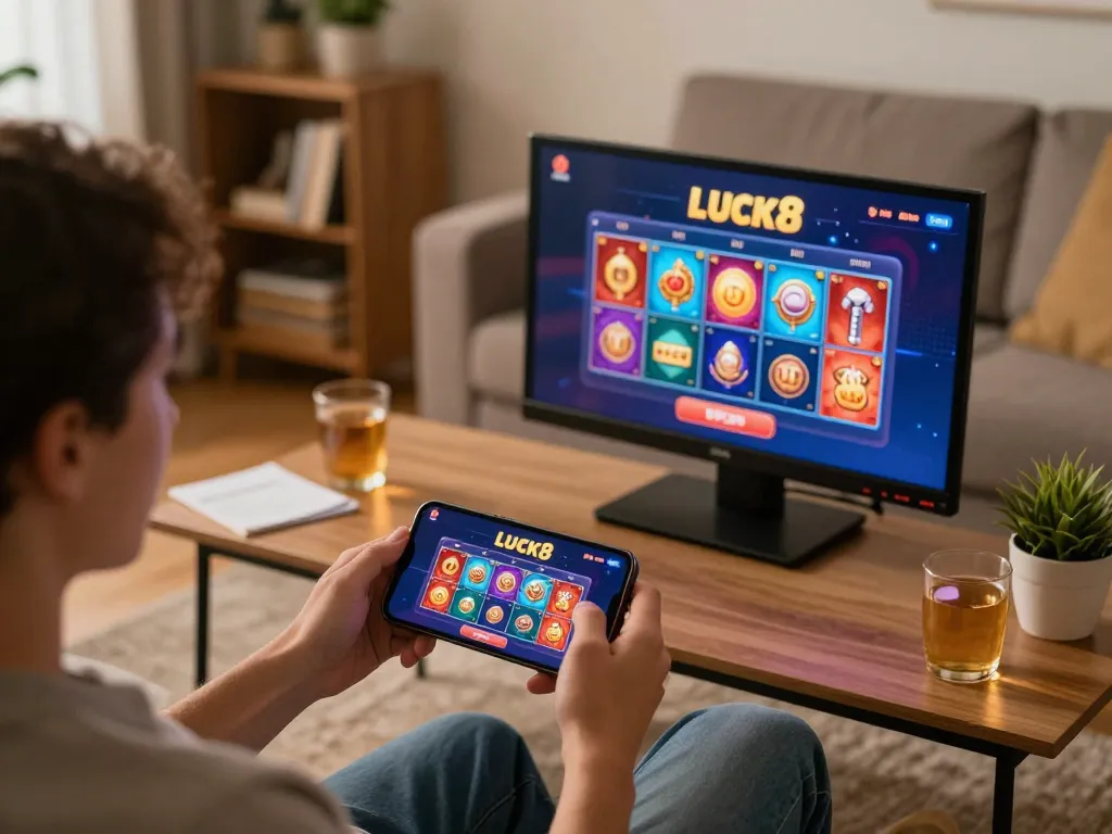 Engaging online gaming with liên hệ LUCK8 visible on smartphone, highlighting a responsible gambling atmosphere.
