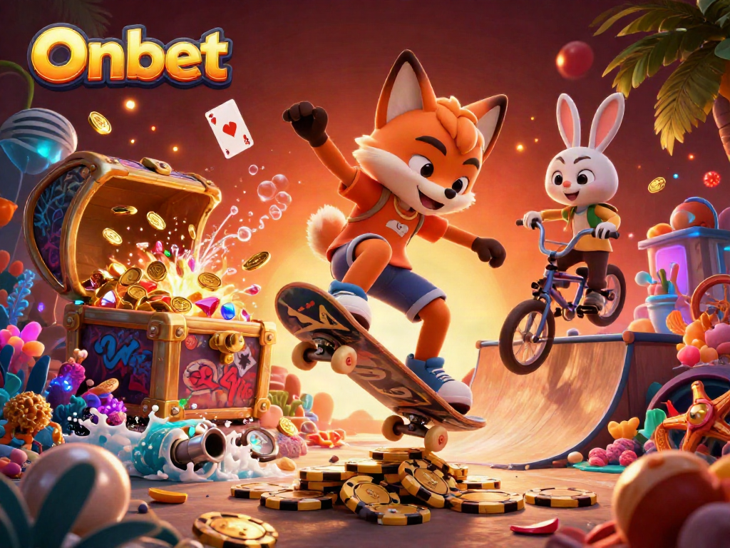 Experience thrilling gaming with Onbet's vibrant 3D illustration of a fox skateboarder and tricks.