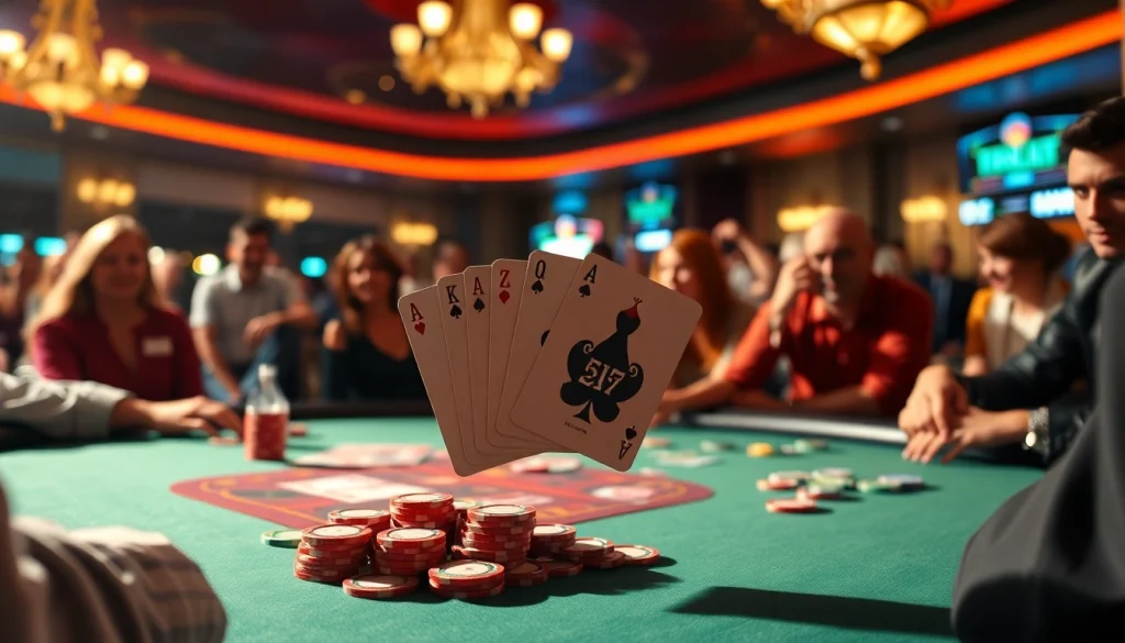 Engaging poker game scene with players showcasing their cards amidst colorful chips and a lively atmosphere.