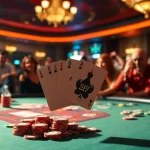 Engaging poker game scene with players showcasing their cards amidst colorful chips and a lively atmosphere.