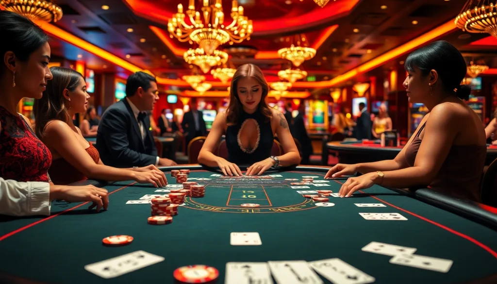 Engage in a thrilling Blackjack Casino experience at the exciting gaming table with players and cards.