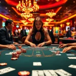 Engage in a thrilling Blackjack Casino experience at the exciting gaming table with players and cards.