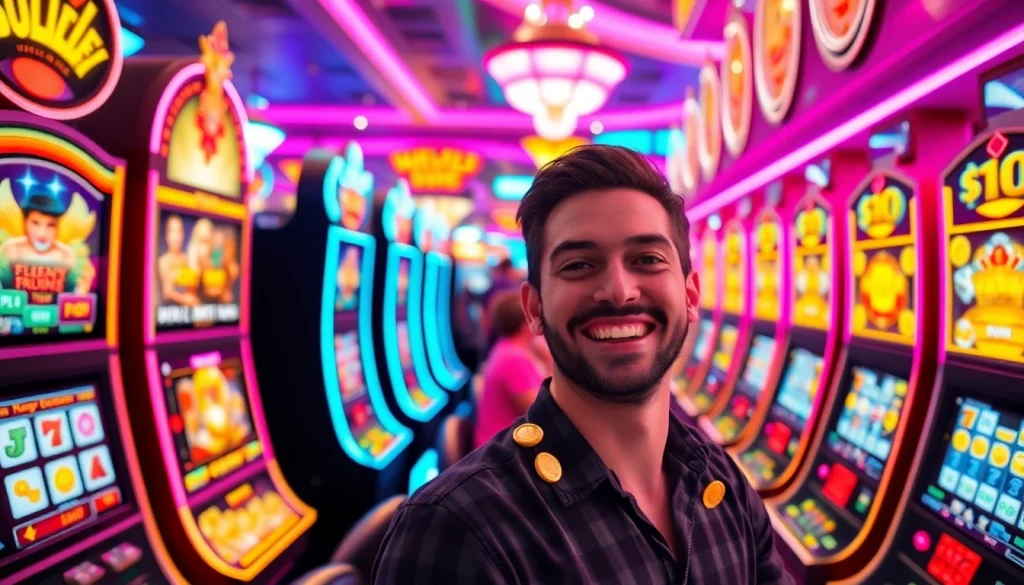 Slot Game memberikan suasana ceria dengan pemain merayakan kemenangan jackpot di kasino.