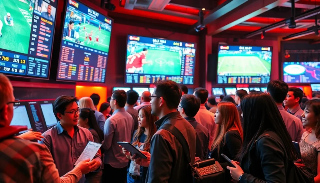 SBOBET menampilkan para penggemar olahraga yang bersemangat memasang taruhan dalam suasana yang dinamis.