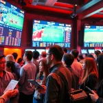 SBOBET menampilkan para penggemar olahraga yang bersemangat memasang taruhan dalam suasana yang dinamis.