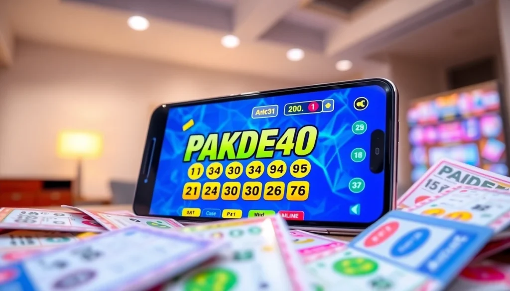 Menggambarkan PAKDE4D game dengan interface menarik dan tiket lotere berwarna.