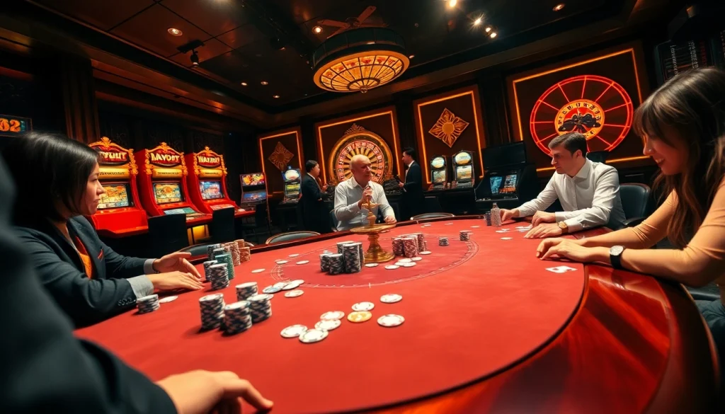 Experience high-stakes gaming at go88, featuring vibrant poker tables and enthusiastic players.