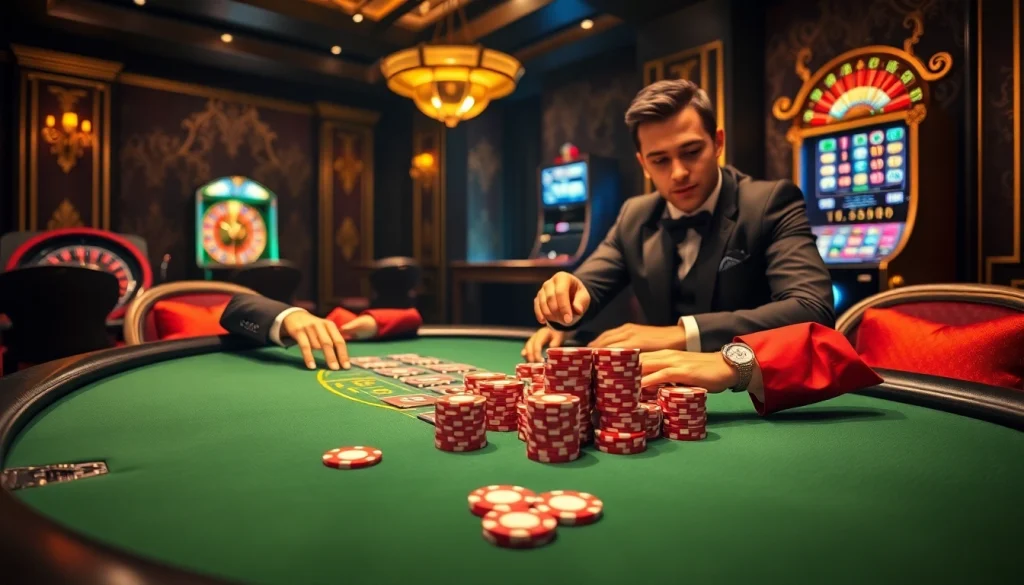 Experience the thrill of 555win as players engage in a high-stakes poker game with vibrant chips and cards.