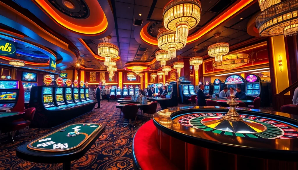 Players enjoying games at a luxurious casino floor, featuring 1haywin.us.com branding elements.