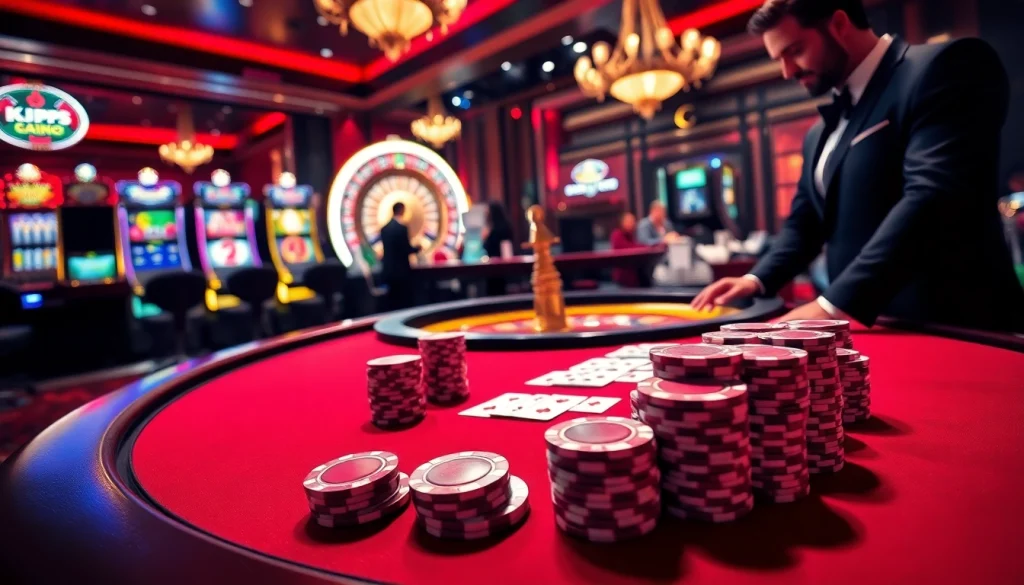 KJC poker table action with chips and cards in a luxurious casino setting