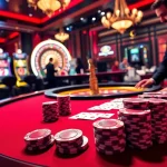 KJC poker table action with chips and cards in a luxurious casino setting
