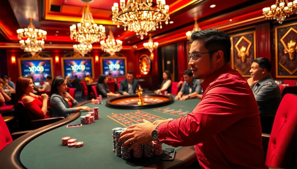 Players place bets on a vibrant poker table in the luxurious casino scene featuring XX88.