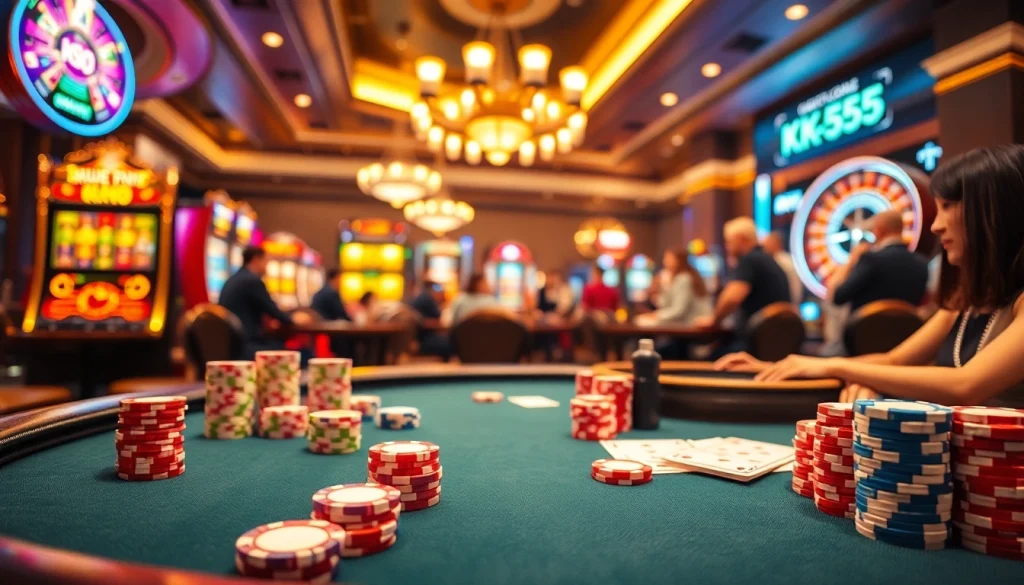 Players strategizing at a poker table in a luxurious casino, focusing on KK55 for better odds.