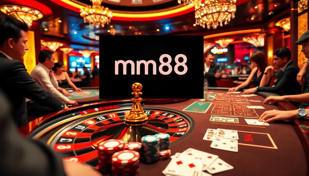 Players enjoying blackjack and roulette in a luxury casino setting featuring mm88 online gambling.