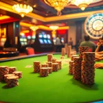 Experience the thrill of eejl at a high-stakes casino poker table, showcasing chips and a roulette wheel.
