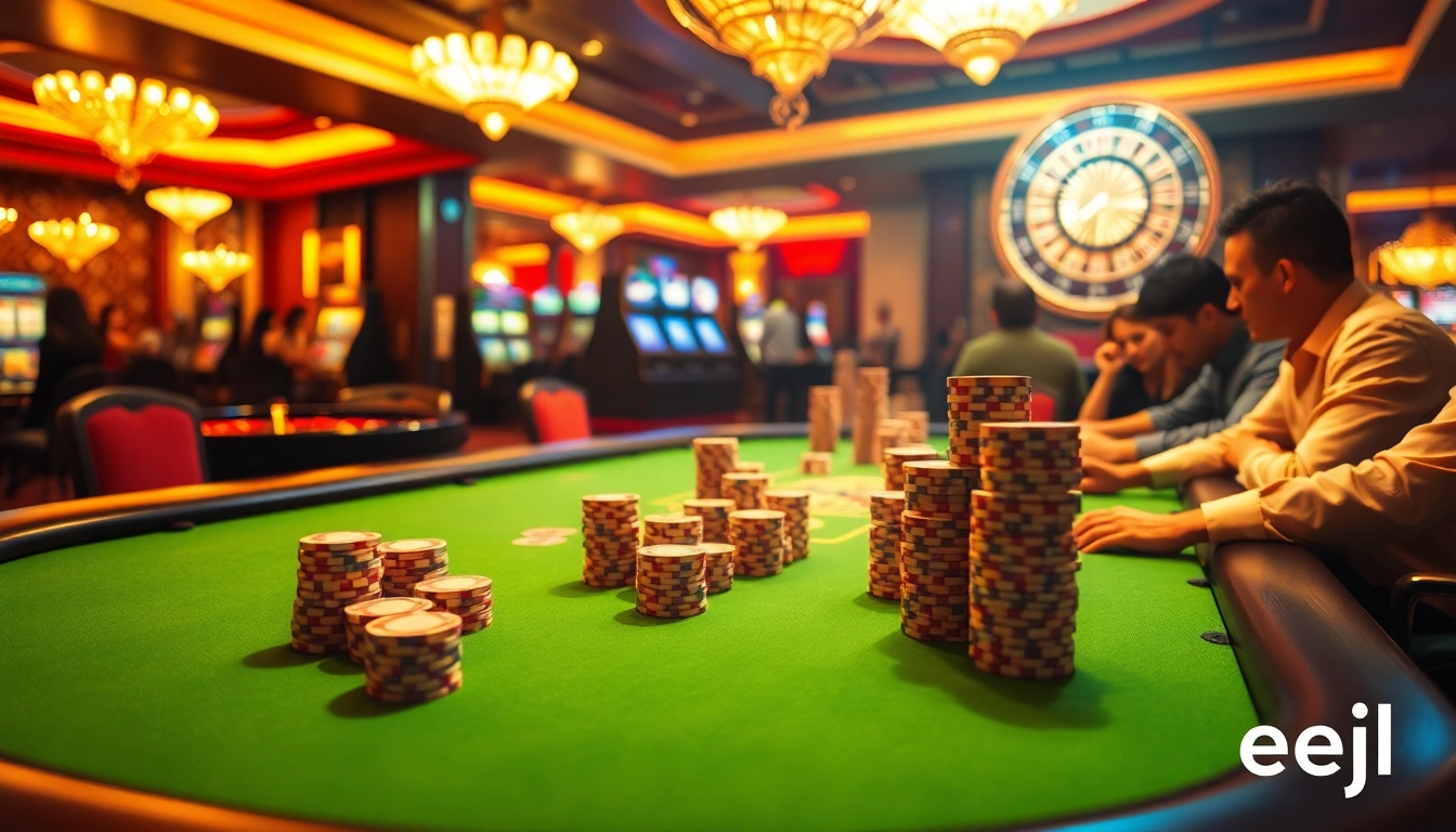 Experience the thrill of eejl at a high-stakes casino poker table, showcasing chips and a roulette wheel.