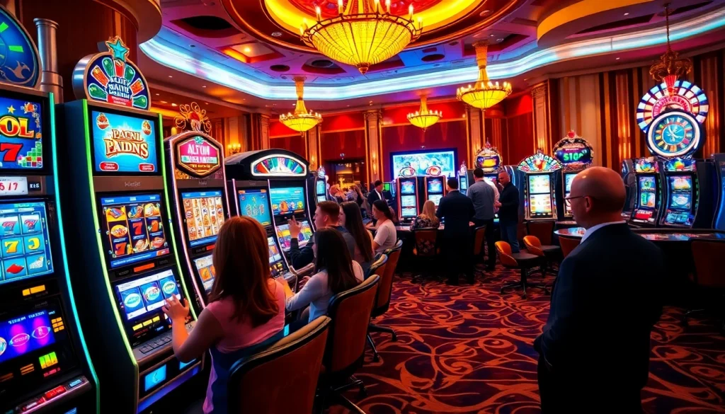 Players enjoying various slot machines in a vibrant casino environment.