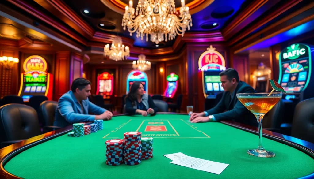 KJC poker table with players focused on high-stakes game amidst luxurious casino ambiance.