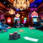KJC poker table with players focused on high-stakes game amidst luxurious casino ambiance.