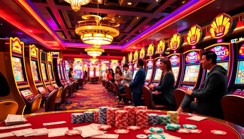 Excited players engaging with a slot gacor terpercaya on a vibrant casino floor filled with lights.