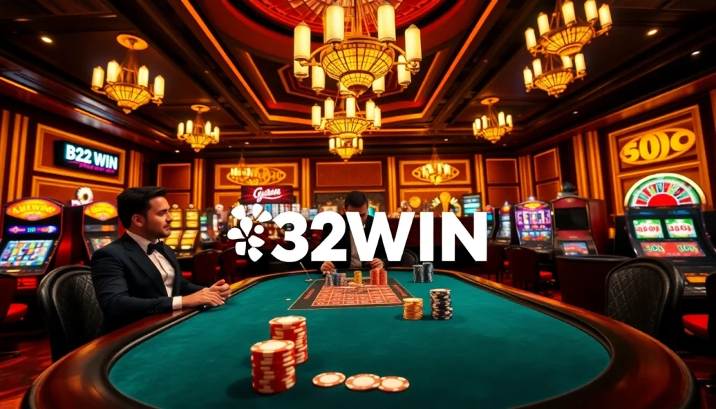 Experience an exciting win at the 32WIN poker table surrounded by lavish casino elements.