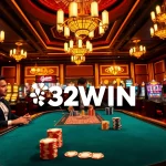 Experience an exciting win at the 32WIN poker table surrounded by lavish casino elements.