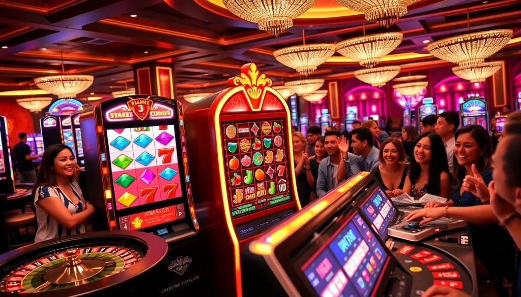 Players excitedly engage with a vibrant slot machine in a bustling casino atmosphere.