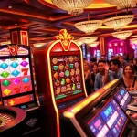 Players excitedly engage with a vibrant slot machine in a bustling casino atmosphere.