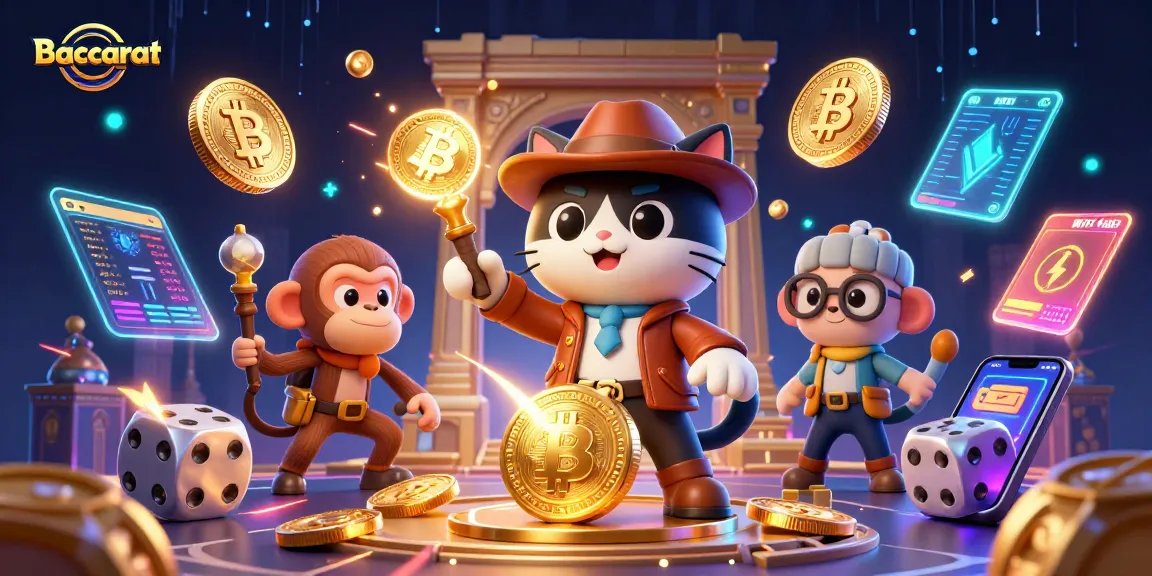 Baccarat-inspired 3D scene showcasing a cat explorer and monkey amidst casino artifacts and neon crypto elements.