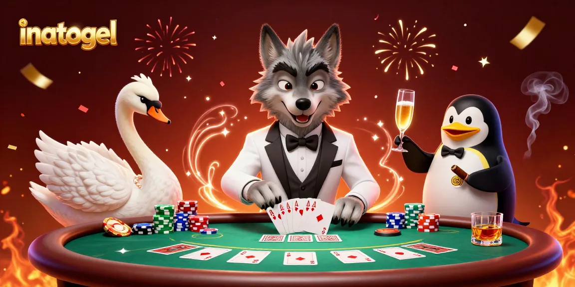 Menangkan permainan dengan inatogel, kartu ditangani oleh angsa elegan dan sommelier penguin menyajikan sampanye.