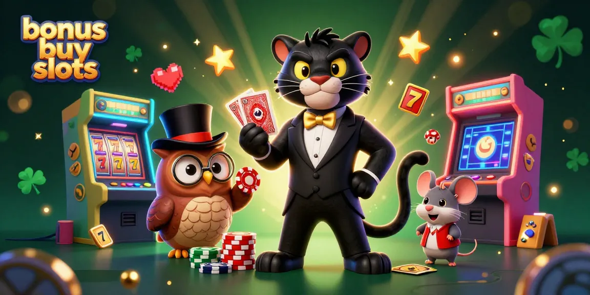 An enchanting scene showcasing bonus buy slots with a panther dealer, charming owl, and a lucky mouse bringing excitement.